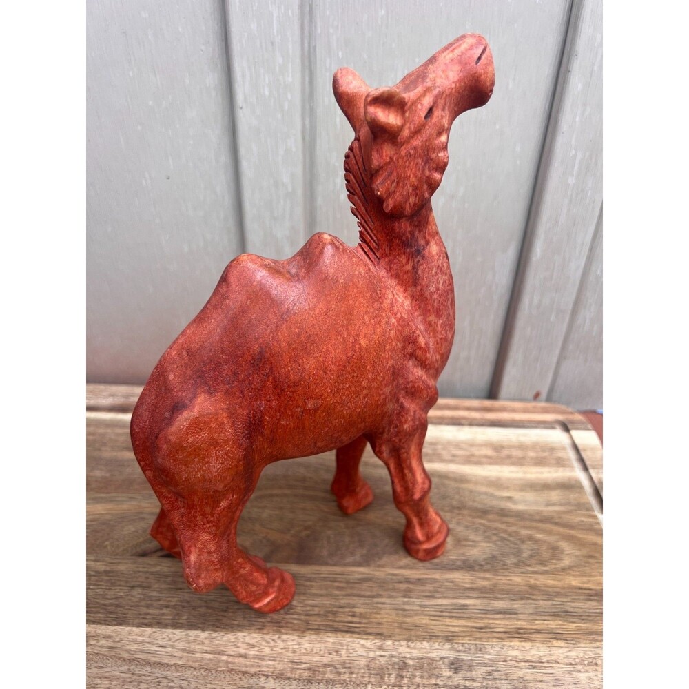 Vintage Hand Carved Wooden Camel Statue Red Toned Wood Figurine Sculpture Large